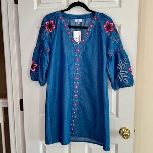NWT $98 Denim Embroidered Floral Bohemian Indie Lightweight Mini Dress Sml